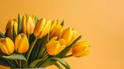 Bouquet of yellow tulips on yellow background with copy space. Generative AI.