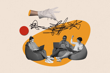 Creative collage of mini black white effect people sit beanbag use netbook think raise fists...