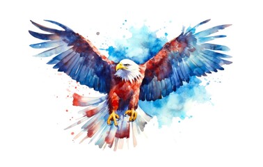 Watercolor illustration of an American bald eagle on white background. Generative AI.
