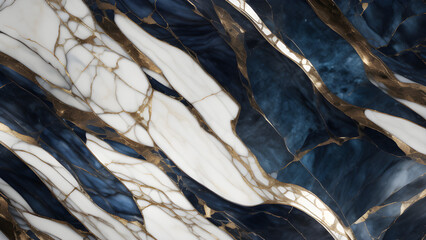 Abstract marble texture with dark blue, white, and gold veins, creating a luxurious and dynamic pattern. Ideal for backgrounds, interior design, or luxury product presentation. Generative AI