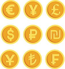 Isolated set of golden currency coins