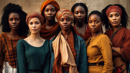 Group of african women in traditional clothing and headscarf. Generative AI.