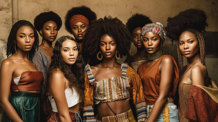 Fototapeta Group of african  women with afro hairstyle posing at studio. Generative AI. obraz