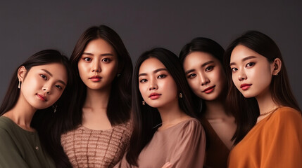 Fototapeta premium Group of asian women with different color clothes, beauty and fashion concept. Generative AI.