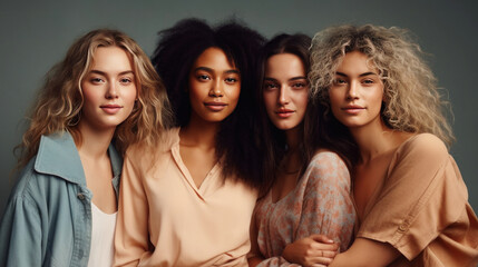 Group of multiethnic women with different skin color posing together in studio. Generative AI.