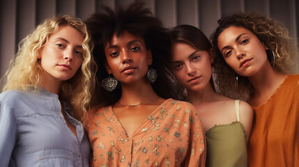 Group of young multiethnic women in casual clothes posing in studio. Generative AI.