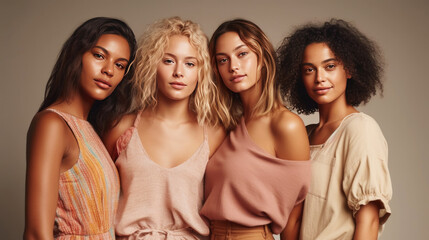 Group of multiethnic women posing in studio, looking at camera. Generative AI.