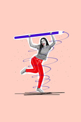 Vertical collage image of cheerful black white effect girl arms hold huge pencil drawing isolated...