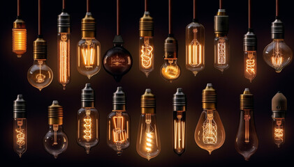 Classic retro lighting bulb in orange warm light shade during it glowing with blurred of other bulbs as bokeh background. Object for interior decoration, selective focus photo. Vintage Edison design
