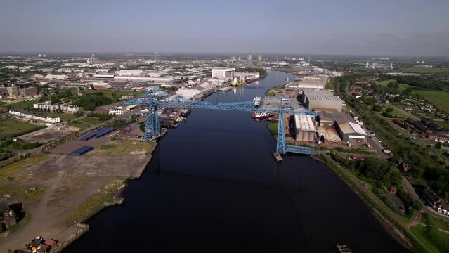 Drone flies towards from Transporter Bridge whilst descending. Shot on a sunny spring morning in Middlesbrough 