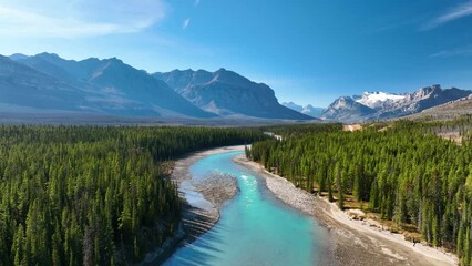 Canada. A drone view of the river in the mountains valley. An aerial view of a forest. Winding river among the trees. Turquoise mountain water. Landscape at the day time. - Powered by Adobe