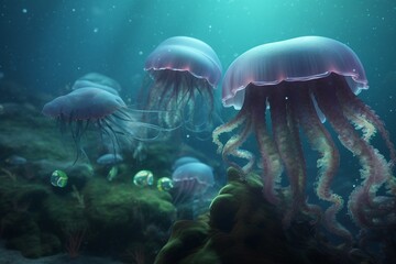 Fototapeta na wymiar A detailed illustration of a group of sea creatures, such as jellyfish or octopus, in a deep and mysterious underwater setting, Generative AI