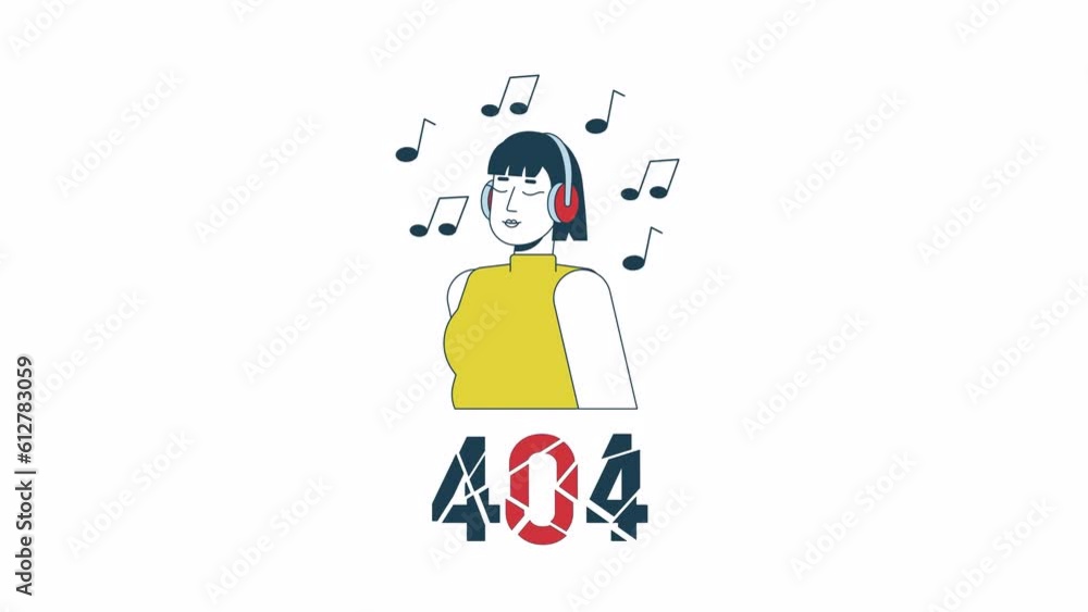 Poster music lover 404 error animation. headphones girl resting. empty state 4k video concept footage with 