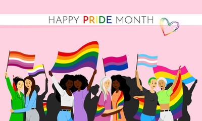 People holding rainbow flags during pride month and support equality and rights