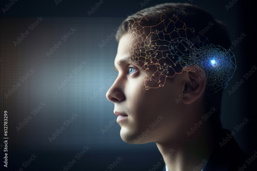 Aufkleber a man with a futuristic neuro interface that uses augmented reality technology to enhance his cognit