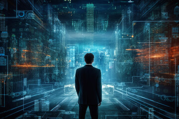 businessman immersed in a virtual reality environment. highlights the incorporation of VR in business and the potential for growth and success in the digital age. Generative AI.