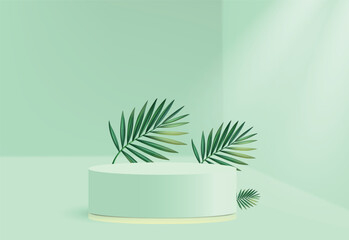 Fresh and Modern: Abstract White Cylinder Pedestal Podium - Light Green Empty Platform with Palm Leaf in Geometric Backdrop (Product Display)