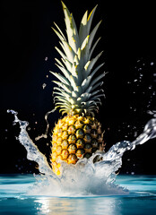 One pineapple falls into the water, close-up, liquid splashes. Pineapple on a black background. pineapple ad. freshness. generative AI