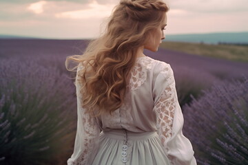 Young pretty woman standing back on the lavender field