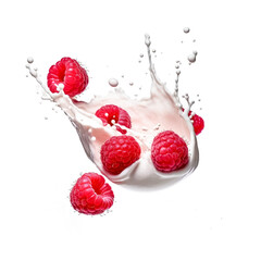 Fresh Raspberry with vivid juice and water splashes isolated on white background, generative AI

