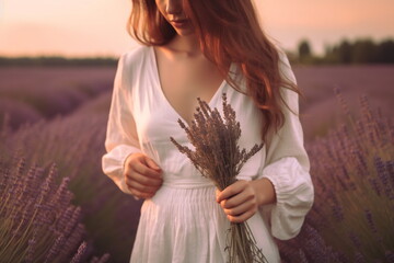Young pretty woman with long hair standing near lavender field