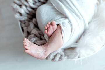 close-up of the legs of a small newborn baby on a delicate white background, the birth of a baby, a happy family
