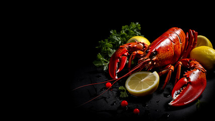 Minimalistic lobster mockup and copy space with a black background, generative AI

