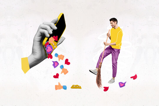 Collage sketch image of funky guy cleaning falling likes apple samsung iphone device isolated painting background