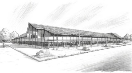 Pencil sketch of a modern photovoltaic farm. Generative AI