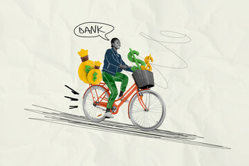 Photo funky businesswoman collage of rich person riding bicycle way to bank savings money exchange...