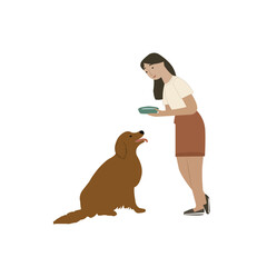 Flat illustration of friendship between a girl and her pet dog. Girl is feeding her pet dog. Minimalism vector character illustration.