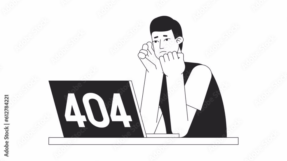 Poster laptop frustration bw 404 animation. asian student stressed. empty state 4k video concept footage wi