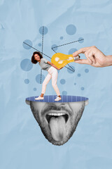Vertical sketch artwork psychedelic image collage of cheerful funky lady step on big head showing...