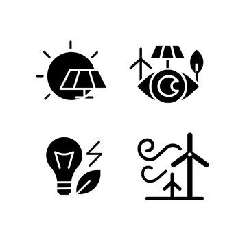 Alternative power sources black glyph icons set on white space. Sustainable energy. Environmental friendly industry. Silhouette symbols. Solid pictogram pack. Vector isolated illustration