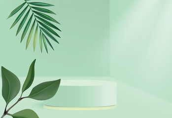 Nature-Inspired Display: Abstract White Cylinder Pedestal Podium - Light Green Platform with Palm Leaf on Geometric Backdrop (Product Presentation)