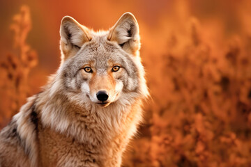 Fototapeta premium A coyote standing alone in a field with brown flowers
