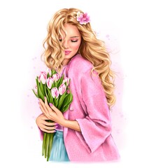 Beautiful young blond hair woman holding tulips. Fashion girl. Fashion illustration 