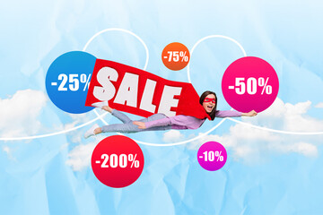 Poster banner picture image sketch 3d collage of cheerful happy girl cartoon character flying sky...