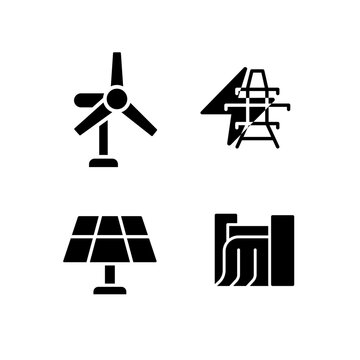 Clean power generation technology black glyph icons set on white space. Sustainable energy industry. Nature protection. Silhouette symbols. Solid pictogram pack. Vector isolated illustration