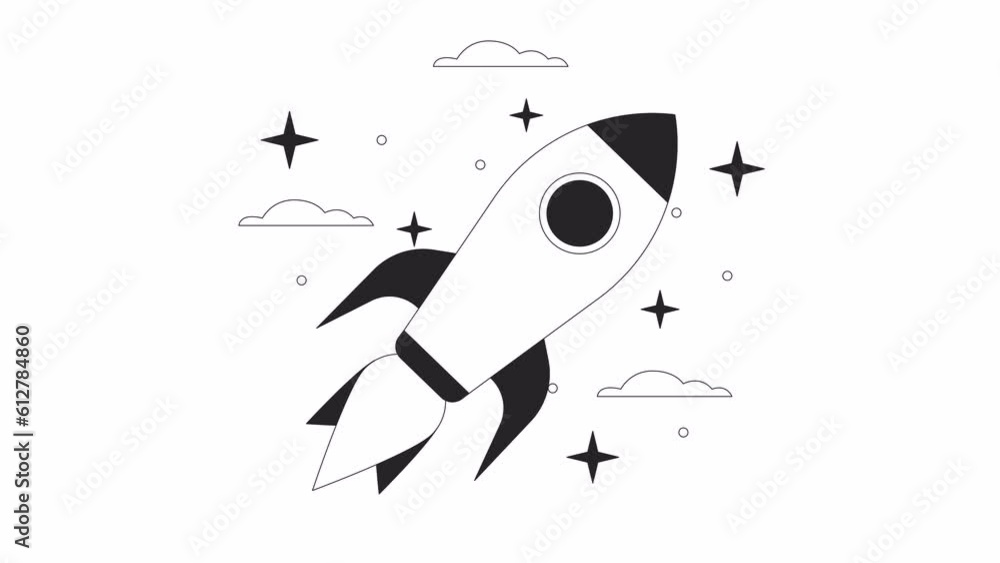 Aufkleber spaceship in space bw animation. animated shuttle in orbit 2d cartoon flat monochrome line object. r