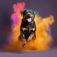 A cheerful playful dog jumps up among the colors of Holi, Rottweiler on a bright multi-colored background, generative ai