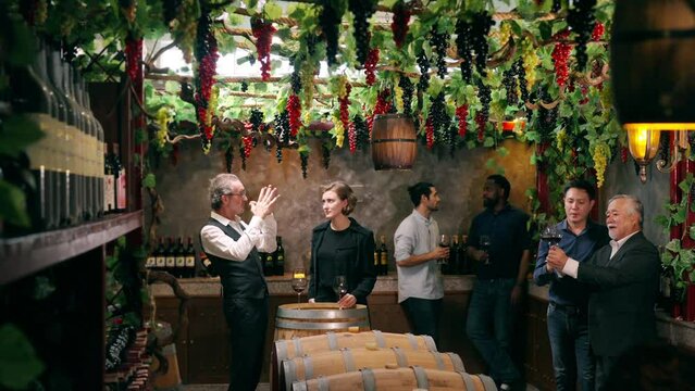 Professional senior man sommelier explaining and recommending wine to customer at wine shop or liquor store. Sommelier testing wine in winery. Winery manufacturing industry and winemaker concept.