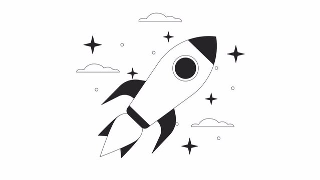 Spaceship in space bw animation. Animated shuttle In orbit 2D cartoon flat monochrome line object. Rocket flying in space 4K video concept footage on white, alpha channel transparency for web design