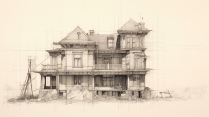 Pencil sketch of an old residential house.  Generative AI