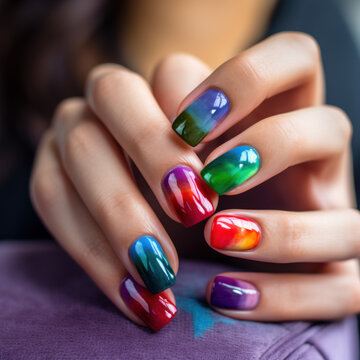 Beautiful female hands with rainbow manicure close-up, modern stylish manicure
