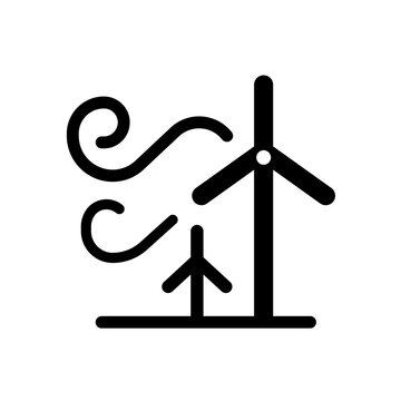 Wind energy black glyph icon. Renewable power sources. Eco friendly industry development. Clean technology. Silhouette symbol on white space. Solid pictogram. Vector isolated illustration
