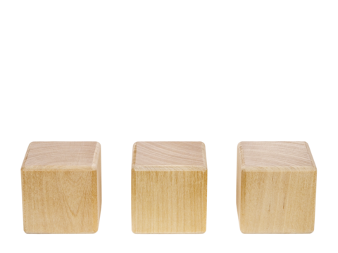 Three empty wooden cubes for design isolated on a transparent background
