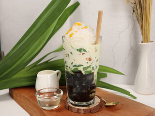 Summer Thai desserts, grass jelly and Lod Chong Dessert in Coconut Milk.