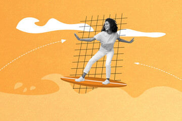 Image sketch picture collage of happy positive funky girl swimming surfboard tropical resort ocean...