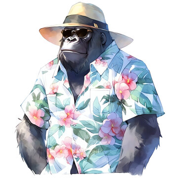 Fototapeta Gorilla with sunglasses, hat and floral hawaiian shirt watercolor illustration isolated on transparent background - Generative AI